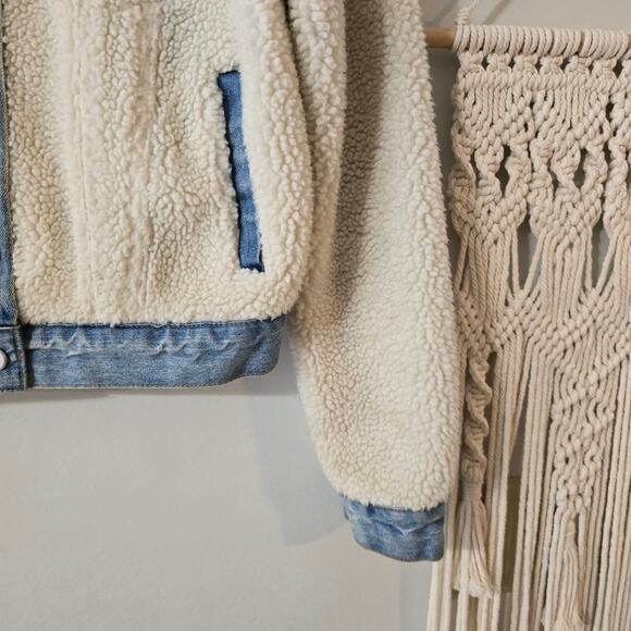 Anthro Pilcro and the Letterpress Sherpa Denim Jacket Cream Blue Size S Small - Picture 4 of 12